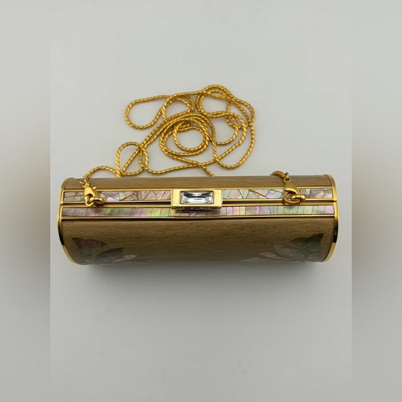 JUDITH LEIBER UNIQUE TINY MINI WOOD ABALONE SHELL PURSE MINAUDIERE BAG COUTURE - Picture 9 of 12